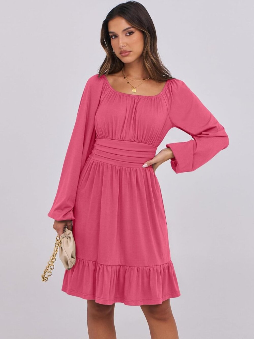 Women's Hot Pink Long Lantern Sleeve Waist Ruffle Flowy Swing A-Line Short Dress - Picture 2 of 6
